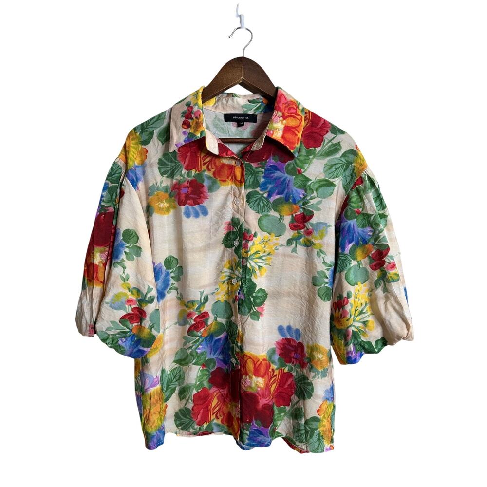 Beulah Style Floral Puff Sleeve Button Front Blouse size M Cottagecore